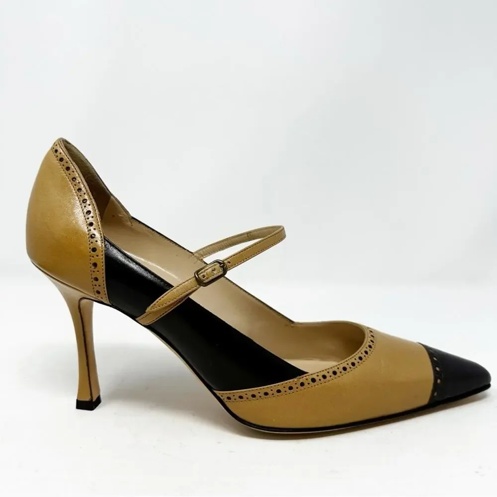 Manolo Blahnik Cap Toe Mary Jane Leather Heels Womens Size EU 39
